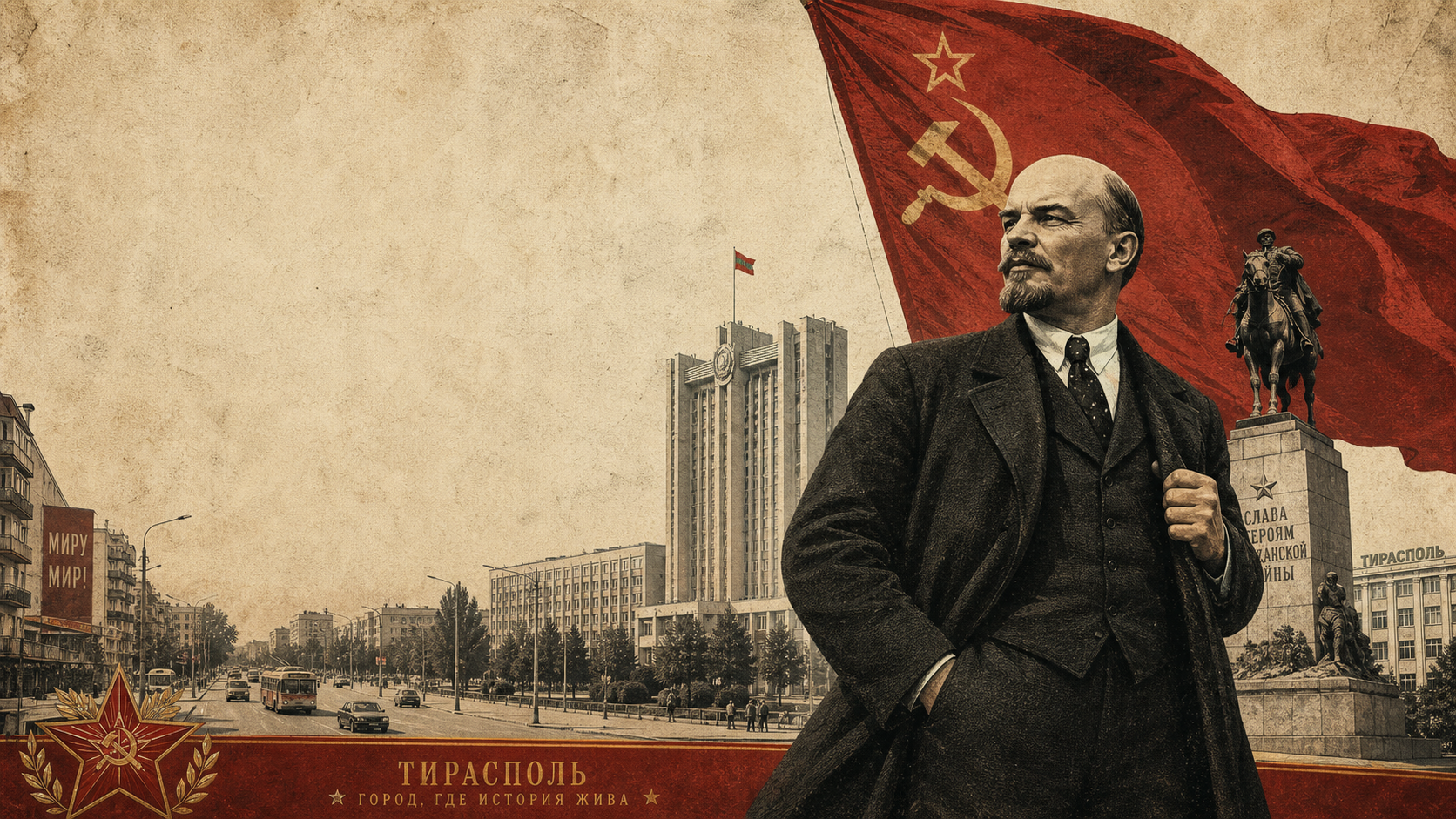 Vintage Soviet poster illustration of Lenin, Tiraspol architecture and a red flag
